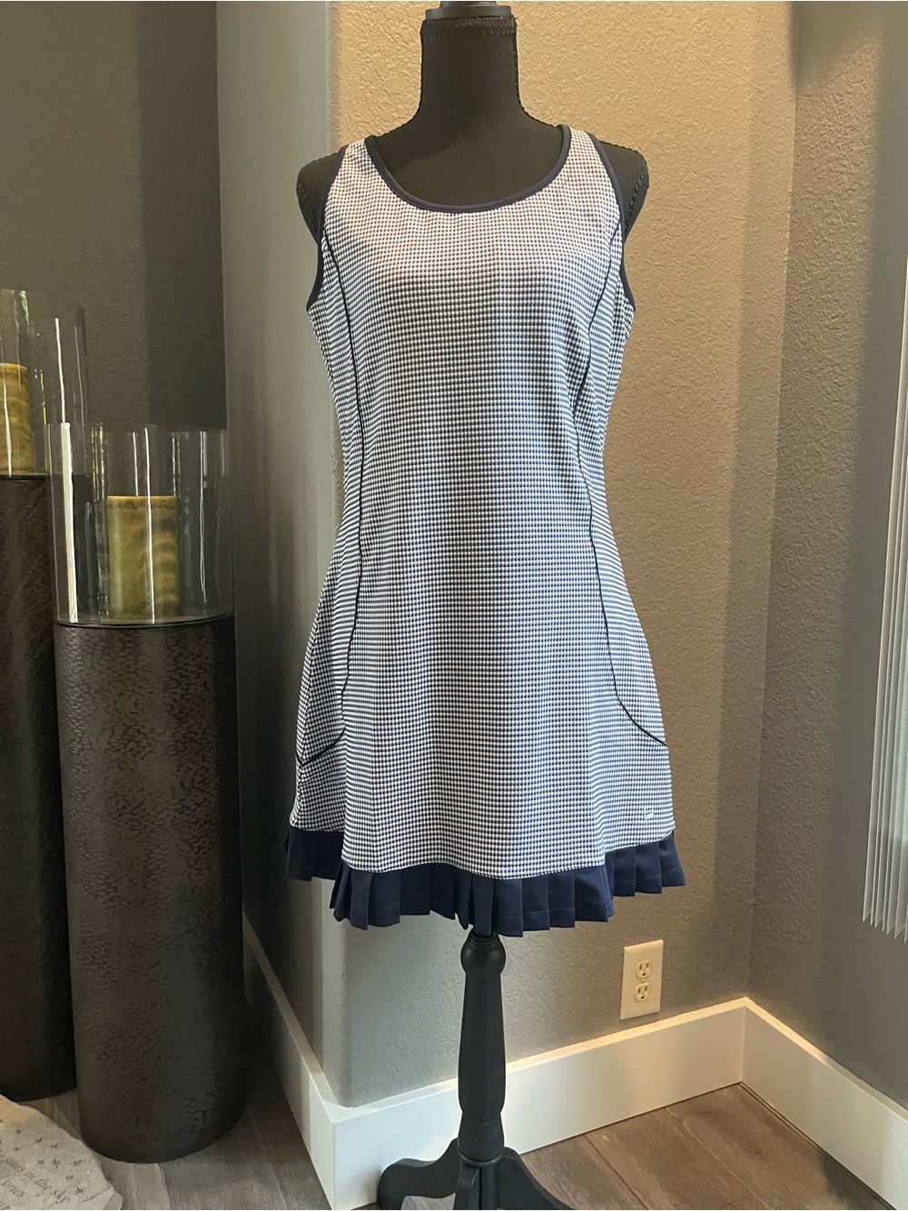 FILA - Navy and White Gingham Sleeveless Tennis Dress with Pleated Hem